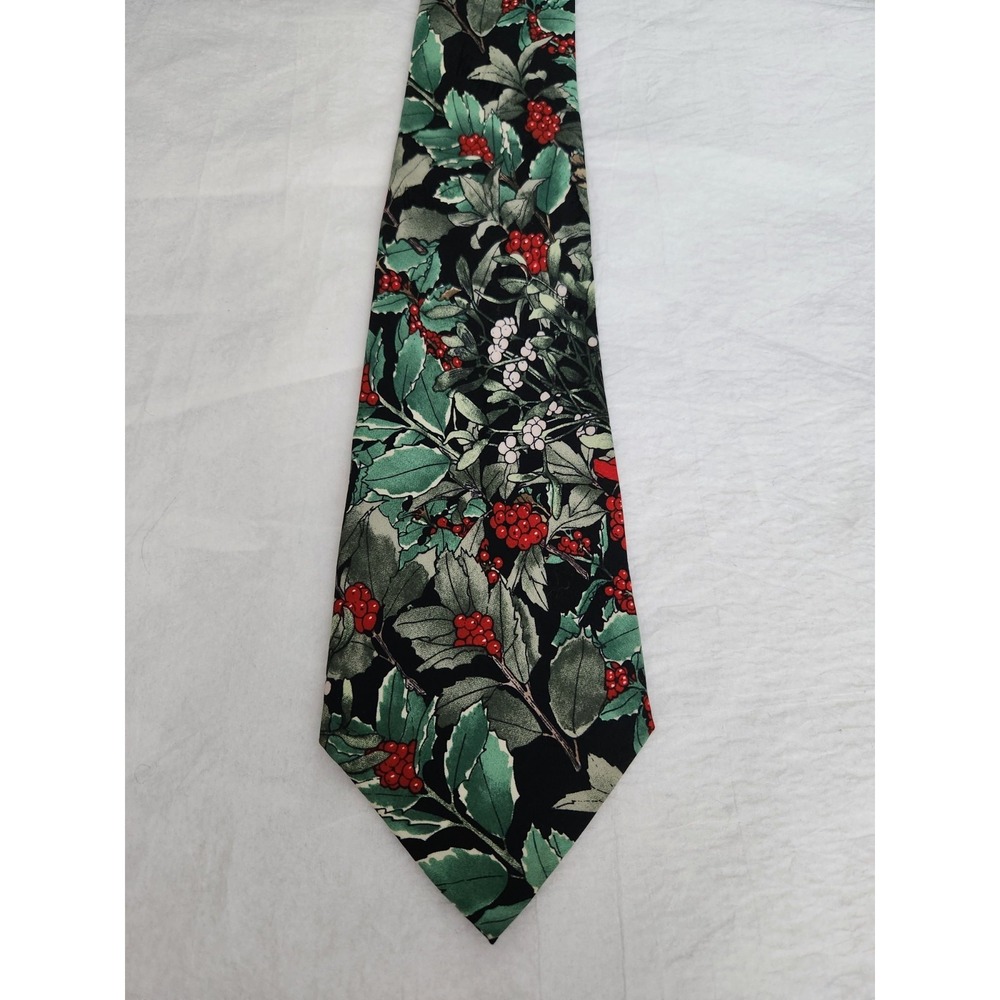 Nicole Miller 1996 Vintage Silk Tie Holiday Holly Berry Christmas Mens Necktie
